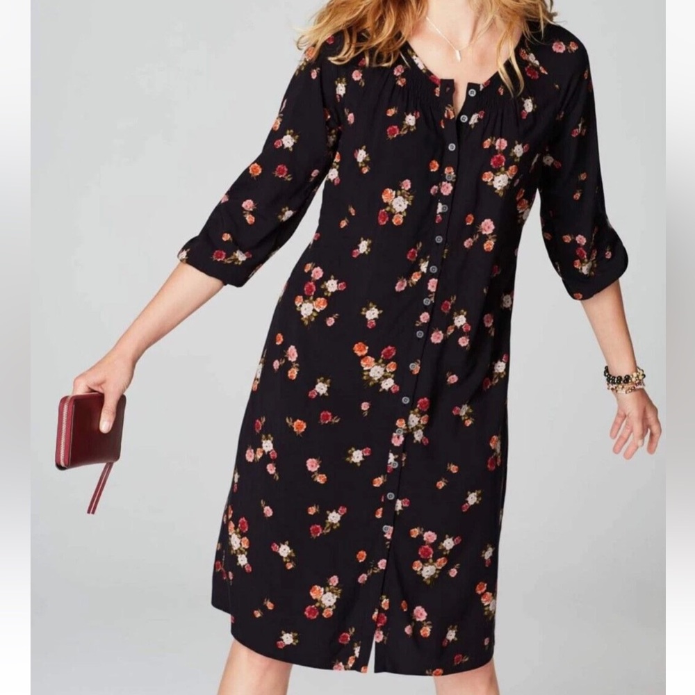 J Jill Black Floral Button Front Peasant Dress Smocked Boho vacation Resortwear